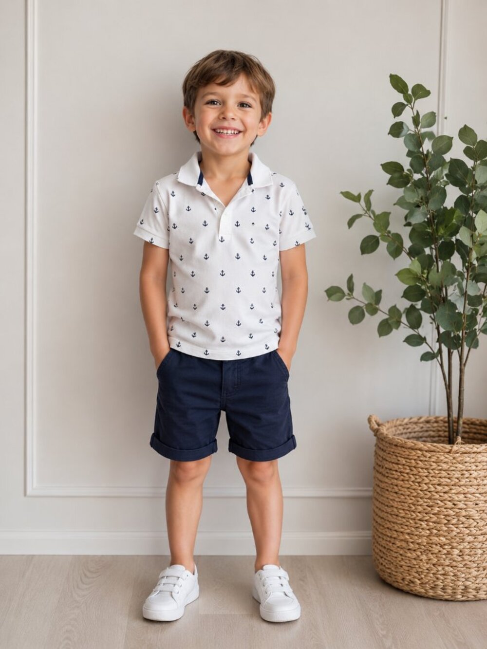 H&M Logg Kids White Anchor Print Polo Shirt Size 4–6Y 100% Cotton Nautical